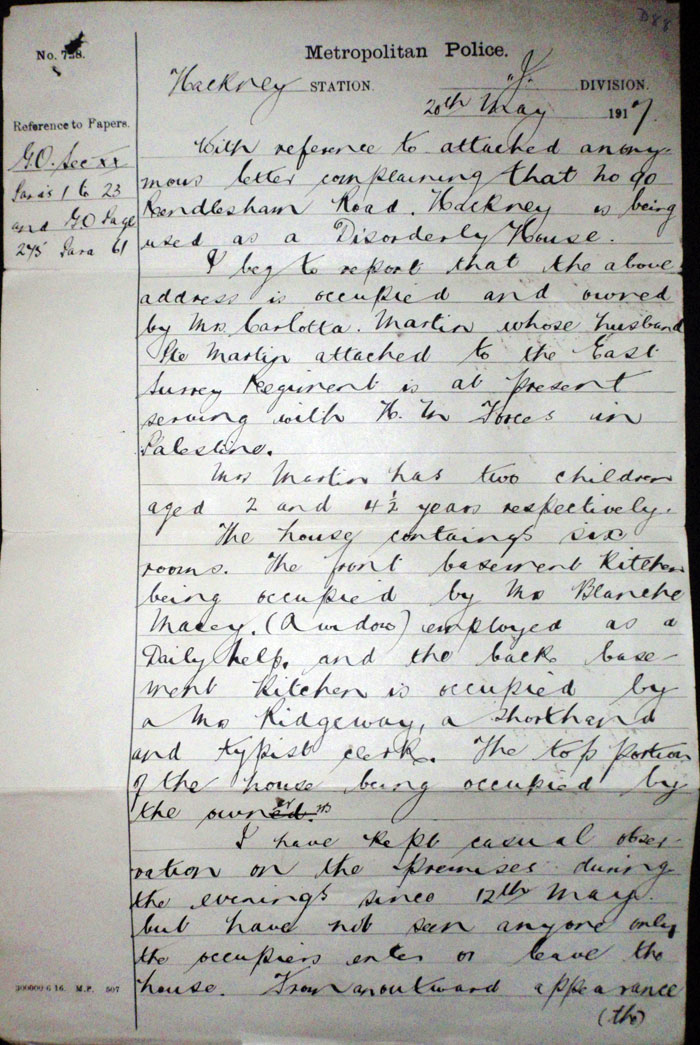 Letter of complaint against a brothel: Police Report, 20th May 1917, page 1