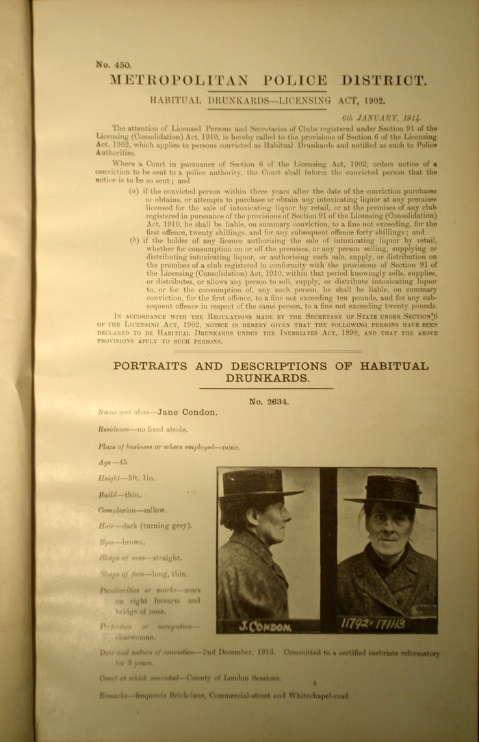 Entry for Jane Condonin the Habitual Drunkards Register, 1914