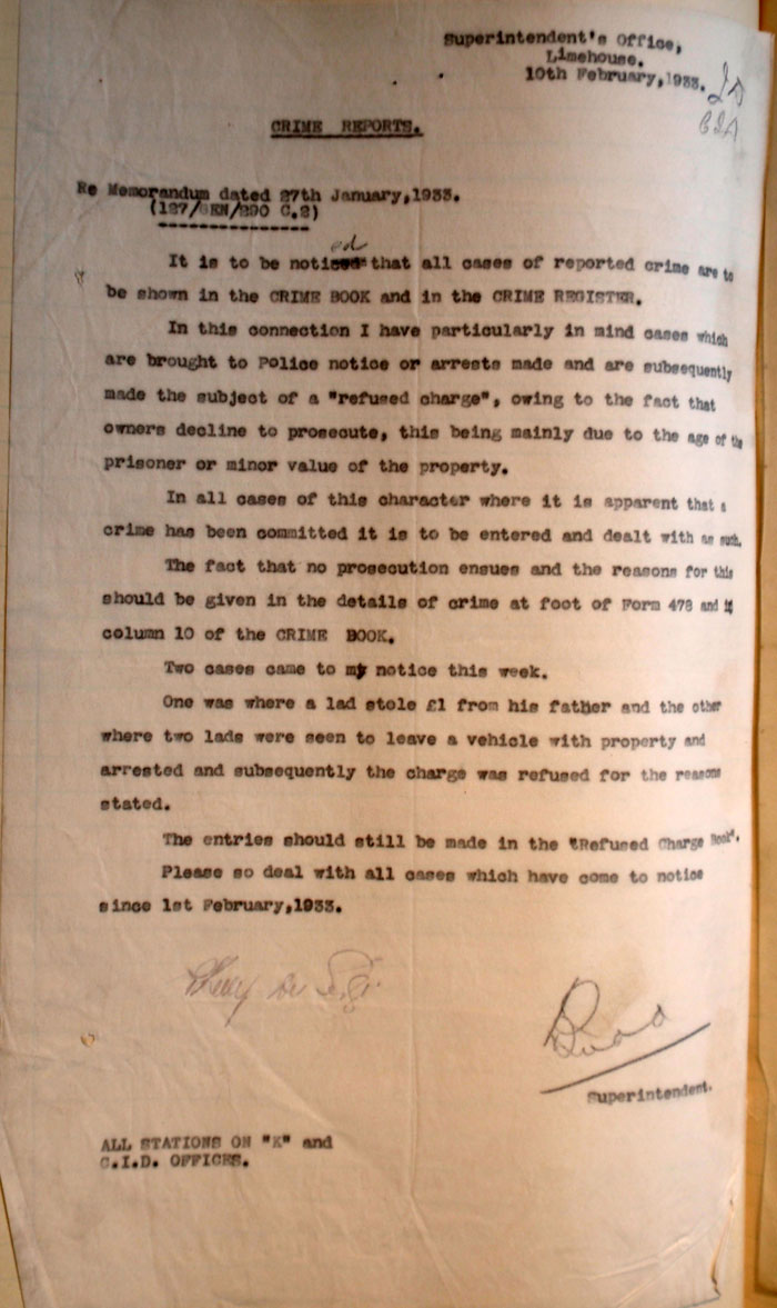 Memo from the Commissioner's Office on the use of the Refused Charge Book, 10th February 1933