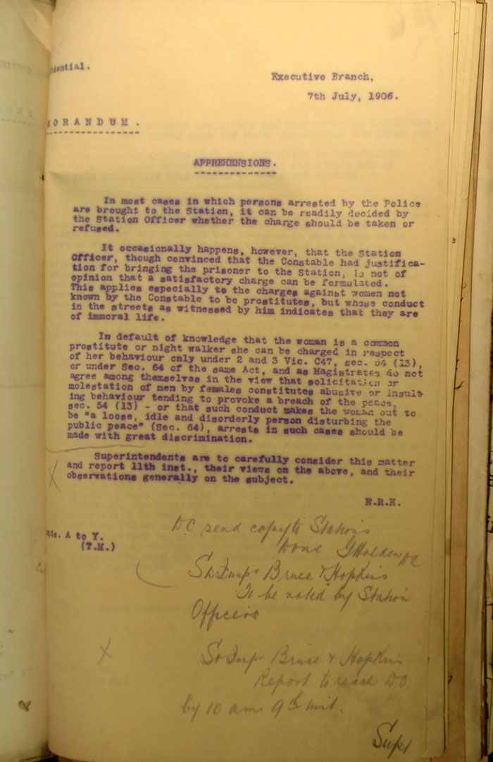 Executive Memo on Apprehending prostitutes, 7th July 1906