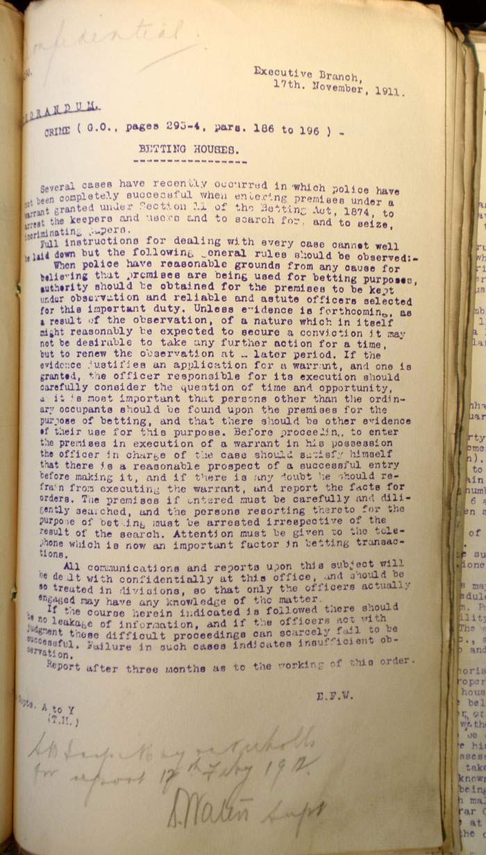 Executive Memo on Street Betting, 5th September 1913, page 1
