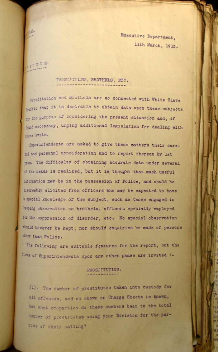 Executive Memo on Apprehending prostitutes, 11th March 1923, Page 1