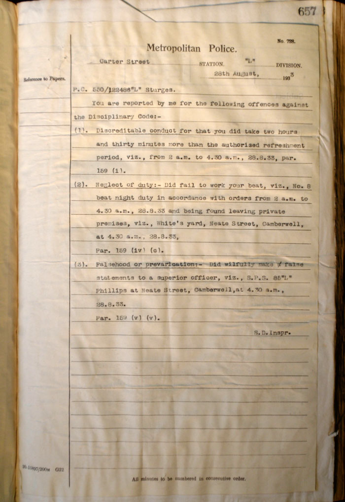 Disciplinary report against PC Sturges, 28th August 1933