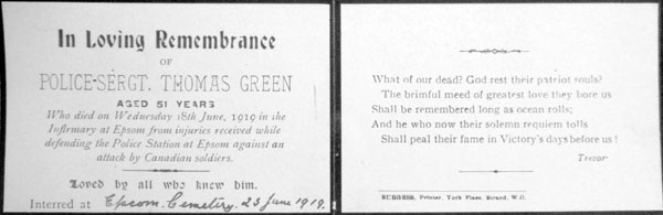 Remembrance card for Sergeant Green
