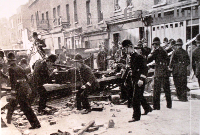 Police at a barricade in Cable Street, 1936