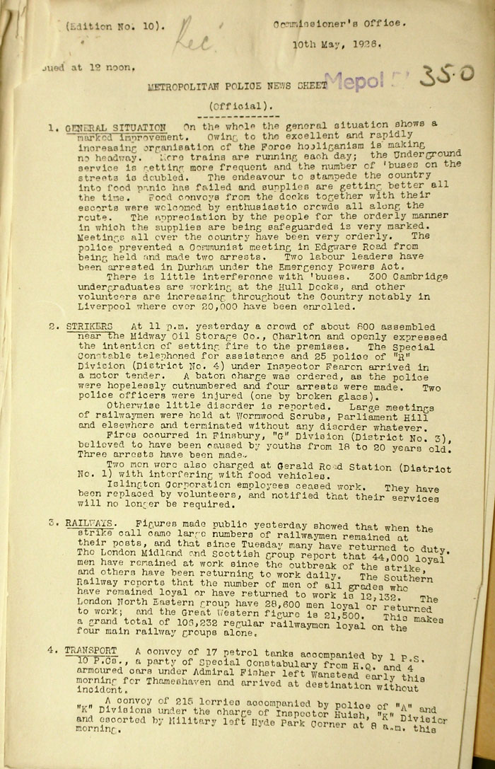 Metropolitan Police News Sheet, 10th May 1926