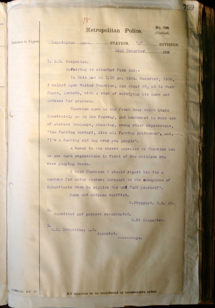Memo regarding the use of obscene language by a costermonger, 1924