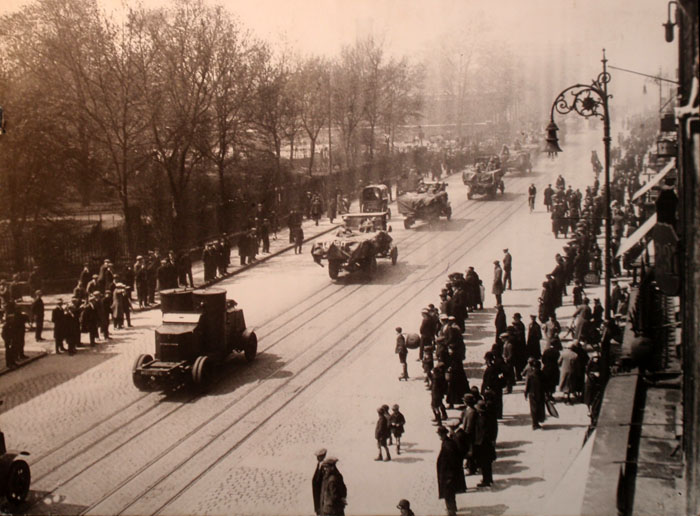 Troops escorting a food convoy along the East India Dock Road during the General Strike of 1926