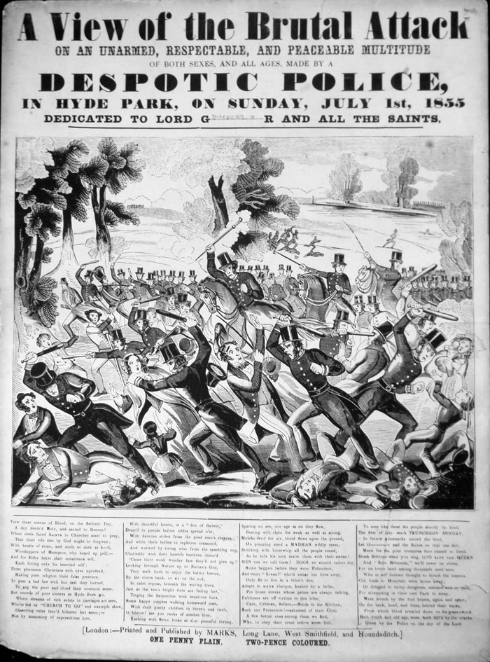 Handbill condemning police attack on protesters, 1st July 1855
