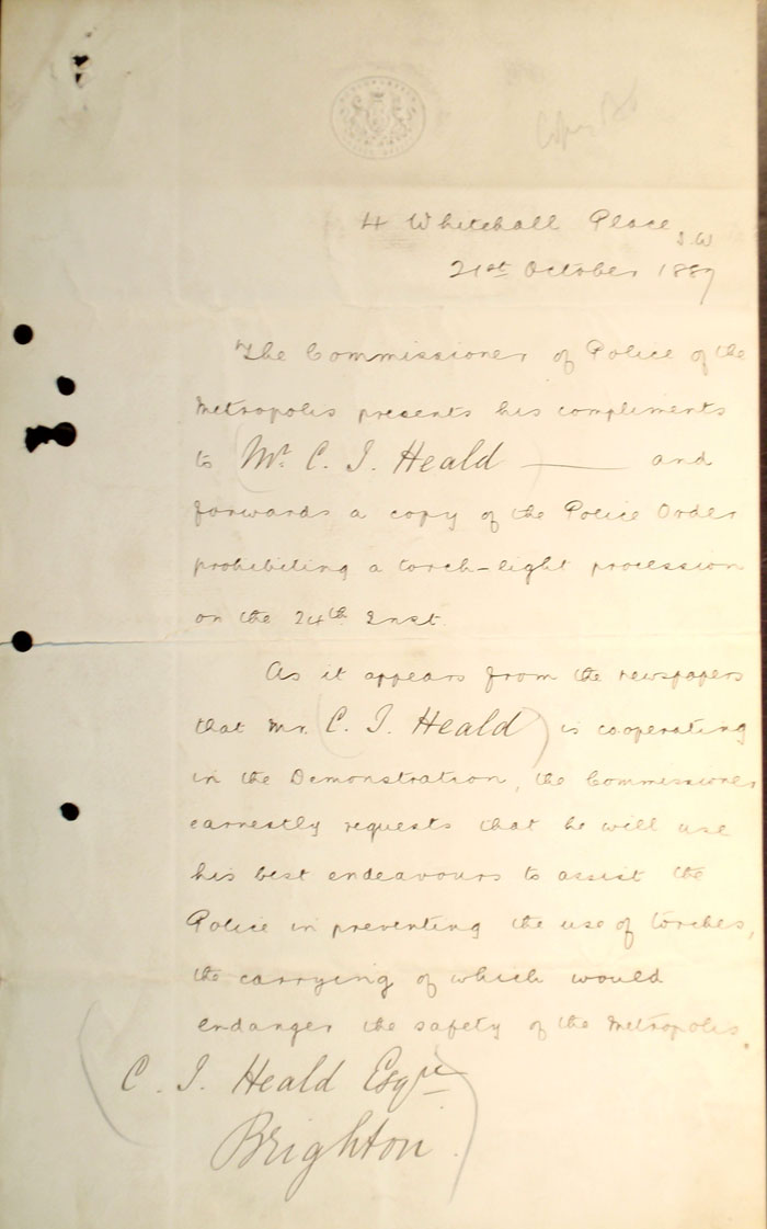 Warren's letter to Heald concerning the procession on 24th October 1887