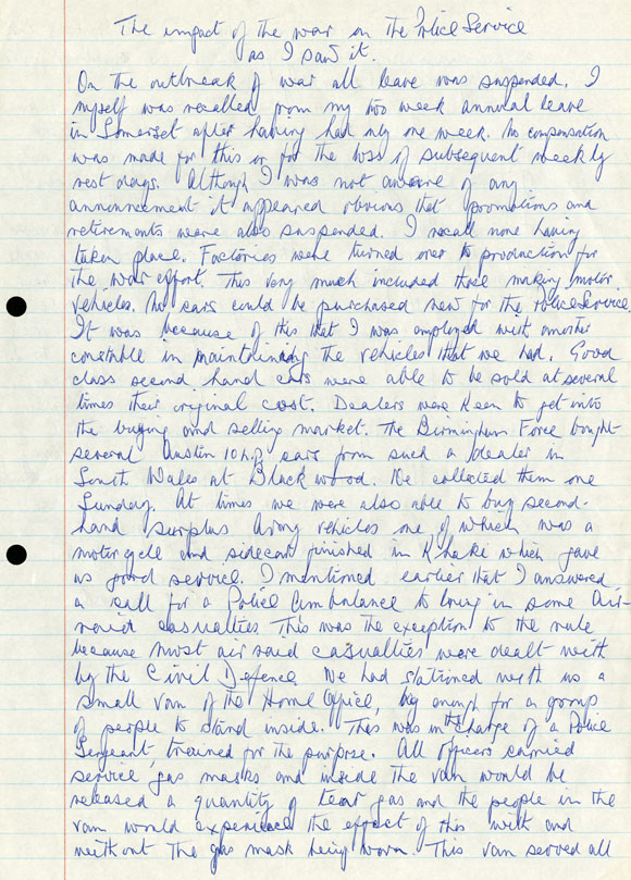 Fred Fancourt's written account of his experience driving a police ambulance, page 1