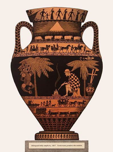 Bilingual Belly Amphora, 1867, Titokowaru Ponders the Embers, lithograph by Marian Maguire