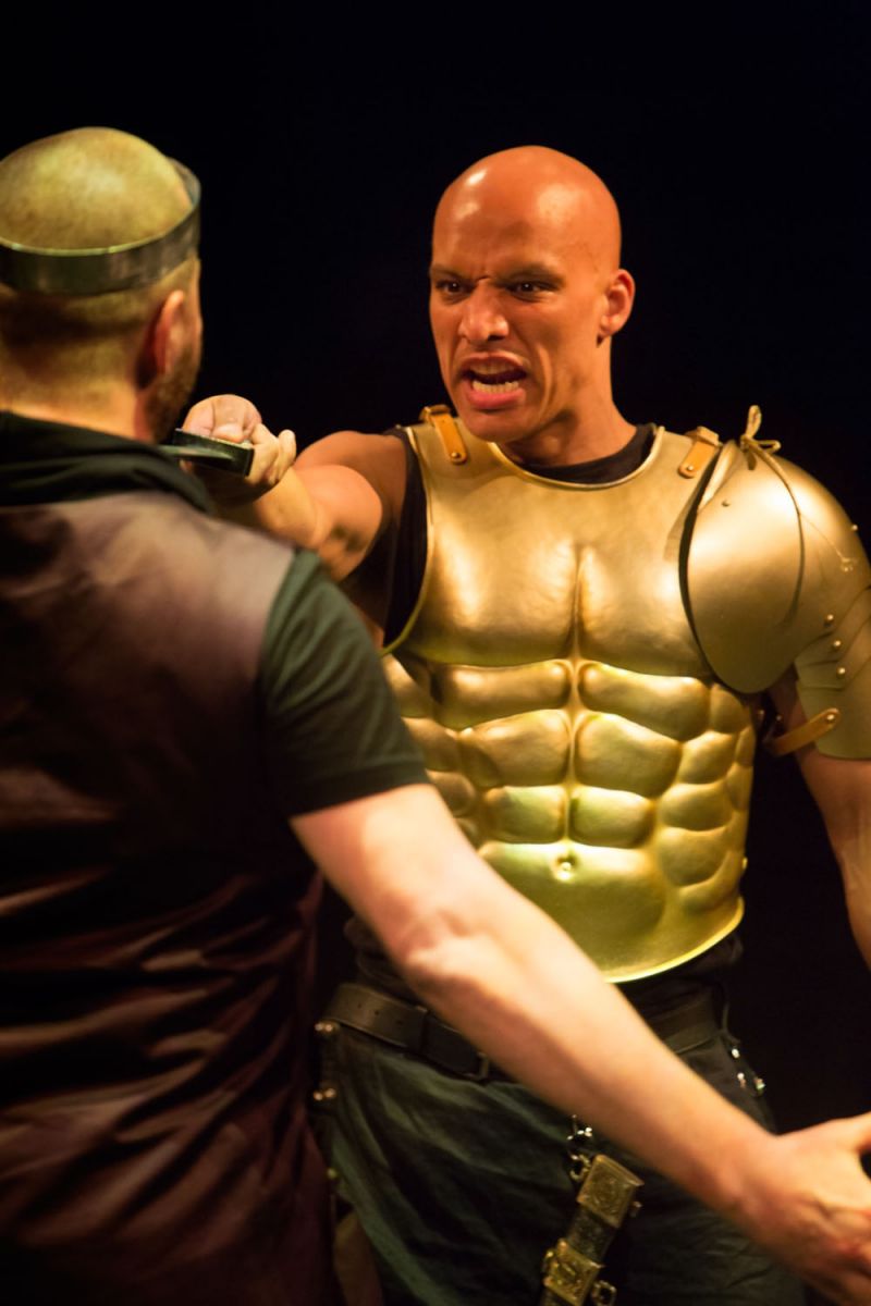 The rage of Achilles.  Jake Fairbrother (Achilles) and, his back to camera, David Birrell (Agamemnon)