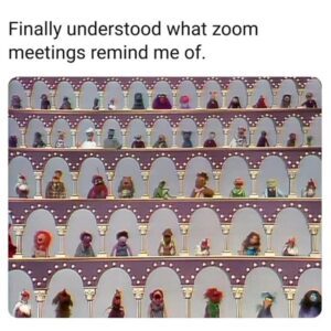 A screen grab of an episode of The Muppet Show, showing a cast of the muppets in five rows, starting with small at the top, and large at the bottom.