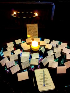 Candles lit in memory of loved ones in a Christian church.