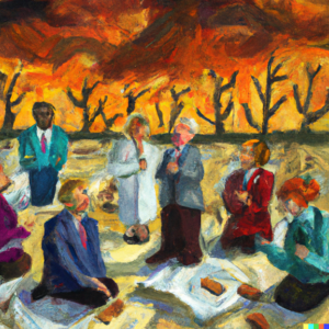 A Dall-e image showing a group of people kneeling and praying in front of a forest aflame.