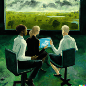 A Dall-e image of three people sitting indoors looking at a laptop screen, while a dark and bleak landscape is viewed through the large window.