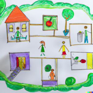 A Dall-e image showing a brightly coloured child-like drawing of a house with interconnected outside rooms and people interacting with one another in various spaces, all surrounded by vegetation.