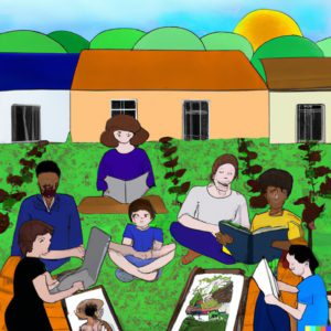 A Dall-e image showing a group of people sitting cross-legged on grass in front of a row of houses, all reading from books, papers or laptops.
