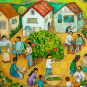 A Dall-e image showing a group of people gardening in a communal garden in front of a row of houses. 