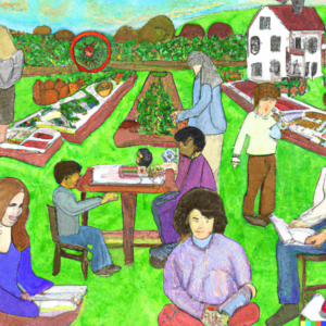 A Dall-e image showing a group of people relaxing, reading, and playing games while others in the background tend a large garden.