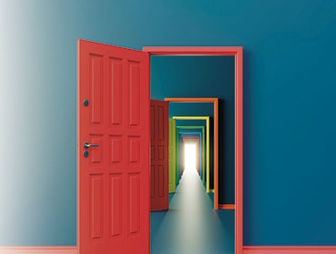 A graphic depicting a series of open doors, one behind the other. 