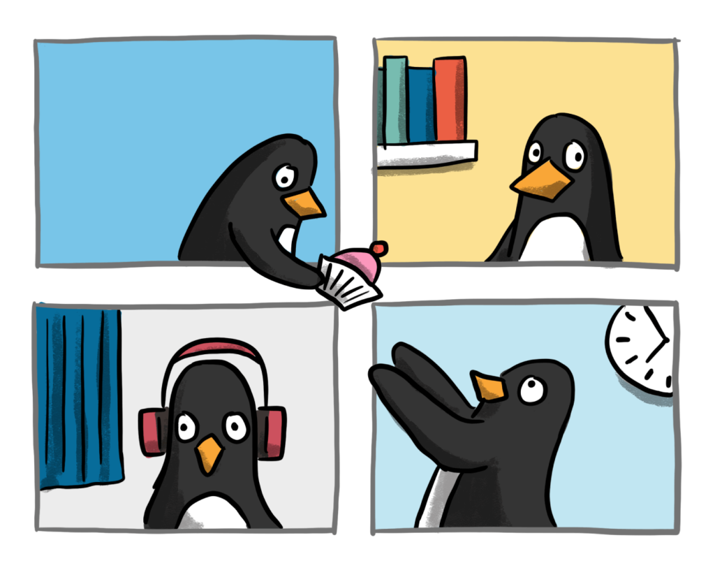Four cartoon penguins seemingly attending a video conference with each in a separate location break the fourth wall by passing a cake from one to another outside of the cartoon frames.