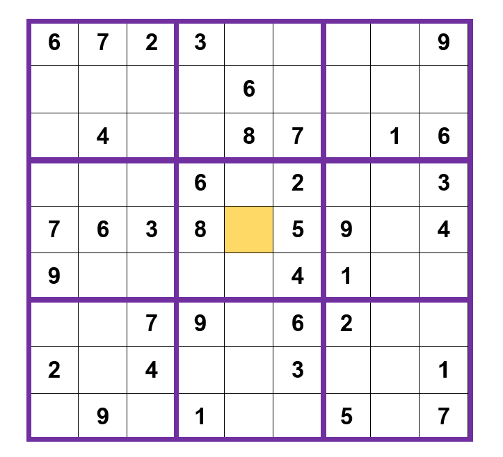 An incomplete 9x9 Sudoku puzzle. The small square in the very middle is coloured gold.