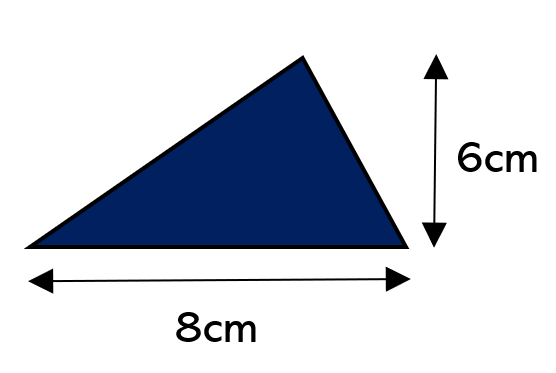 A blue triangle with base length 8 centimetres and height 6 centimetres.