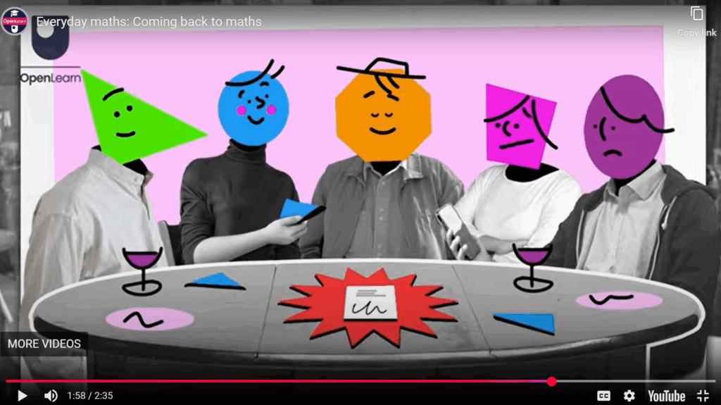 Cartoon showing stylised people calculating a restaurant bill