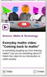 Mobile phone screen in the Open Learn format showing picture, title and links to an Everyday maths video.