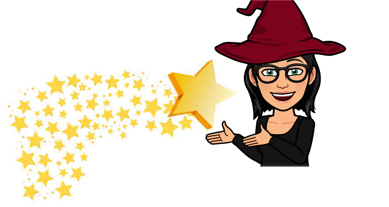 Kellee Patterson as a cartoon. Wearing a witch/warlock hat. With stars coming from her hands. 