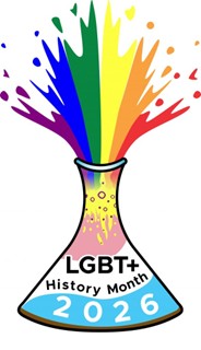 Science beaker with rainbow liquid coming out of the top. Trans colours on the beaker (pink, white, light blue). Text says: LGBT+ History Month 2026