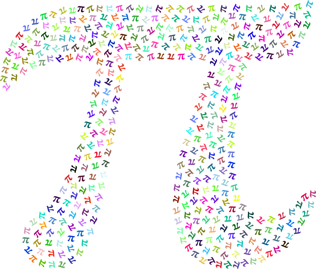 A pi symbol made up of smaller rainbow coloured pi symbols. 