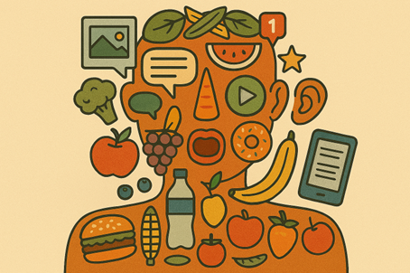 Cartoon image representing a human and things they consume.