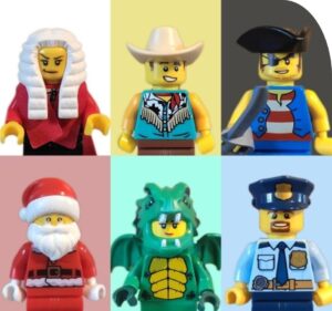 Image of six Lego figures each wearing a hat.