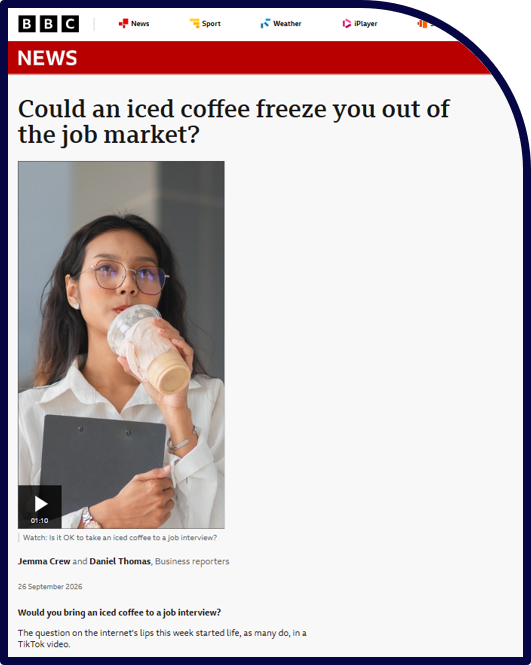 A screenshot of the BBC article 'Could an iced coffee freeze you out of the jobs market?'