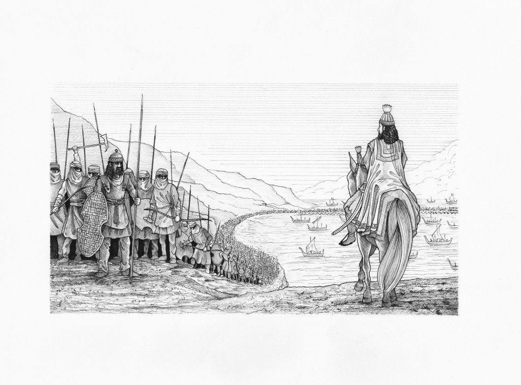 Xerxes crosses the Hellespont. Original illustration from Imagining Xerxes (2014). Image copyright Asa Taulbut. Reproduced by permission of the artist.