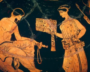 Odysseus and Calypso, red-figure vase, 5th century BC, Naples Archaeological Museum 
