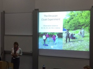 Susanna Harris presenting her Etruscan cloak experiment in Galway