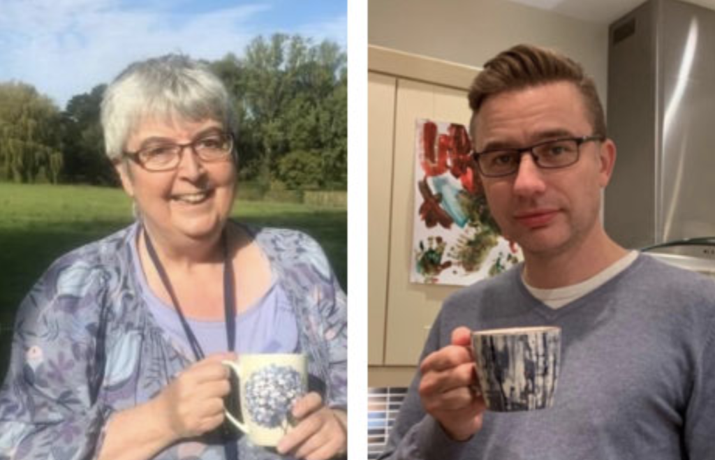 Image: Mair and James drinking tea in contrasting settings