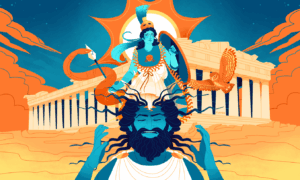 A colourful artwork shows a bearded man in ancient Greek dress in the centre. A woman wearing a helmet and carrying a shield is shown emerging from the top of his head. An owl hovers beside her and in the background is a building with many columns. 