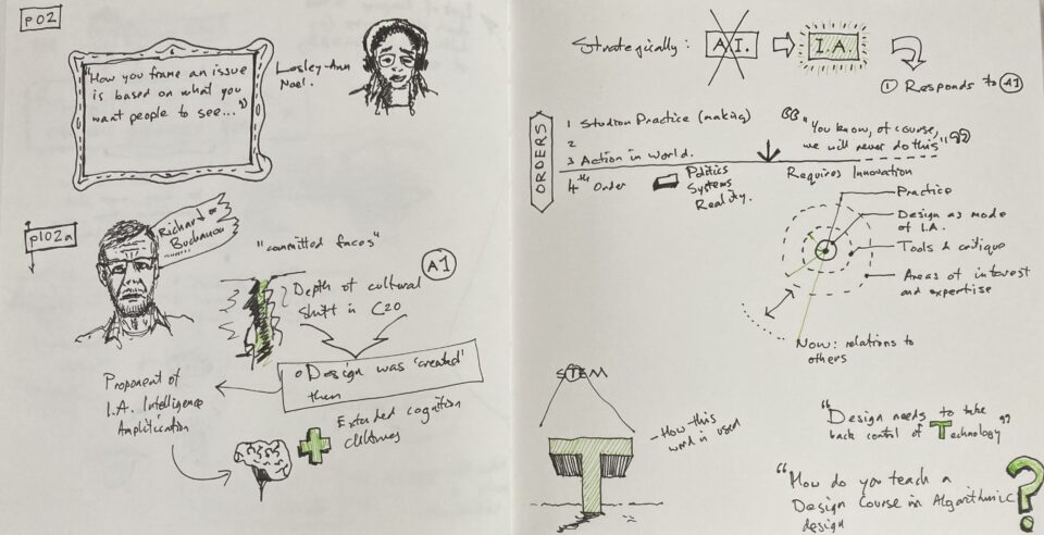 A sketchnote showing some notes from the conference on keynotes from Lesley-Ann Noel and Richard Buchanan.