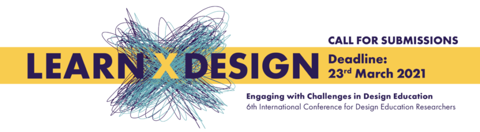 The LEARN x DESIGN logo and banner, showing a yellow band with purple lettering. In between is a scribbled X to hint at a sketch version of the conference series name.