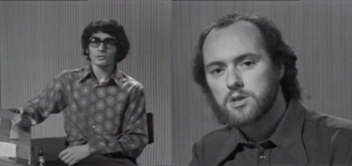 A black and white screen capture of film from the 1970's, featuring two OU Design Academics: Robin Roy and Nigel Cross. Despite the lack of colour, it's obvious that the shirts are pretty 70's in intent... 