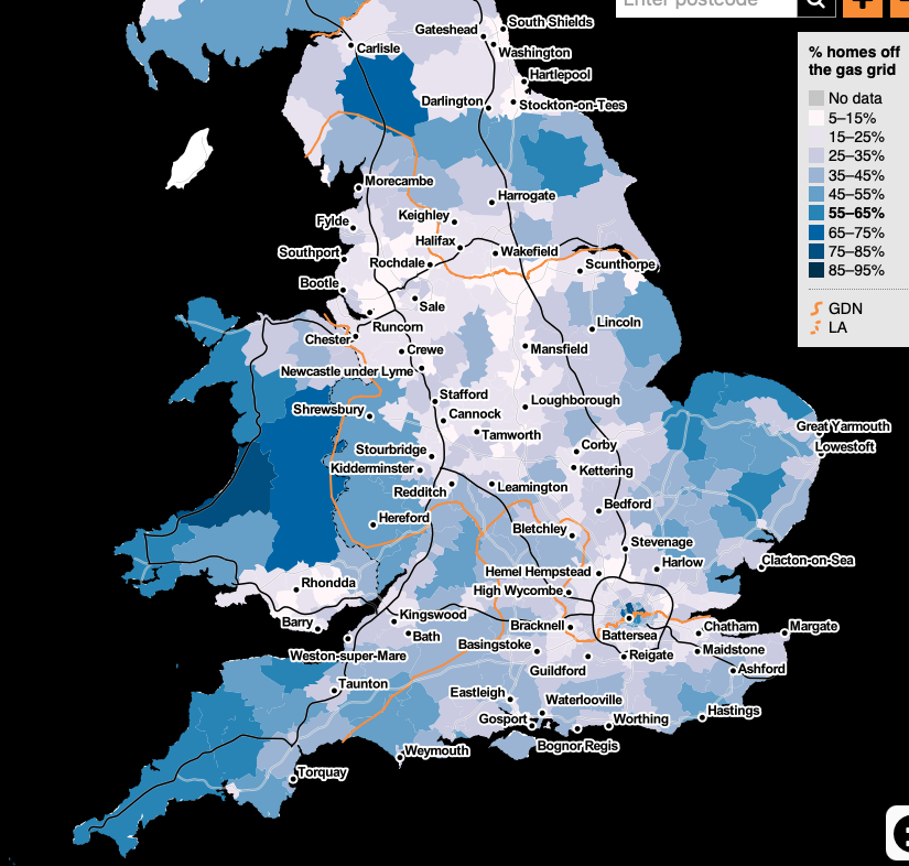 Shows a map of the England with districts shaded by the percentage of off gas grid properties, Cumbria, East Anglia and Cornwall