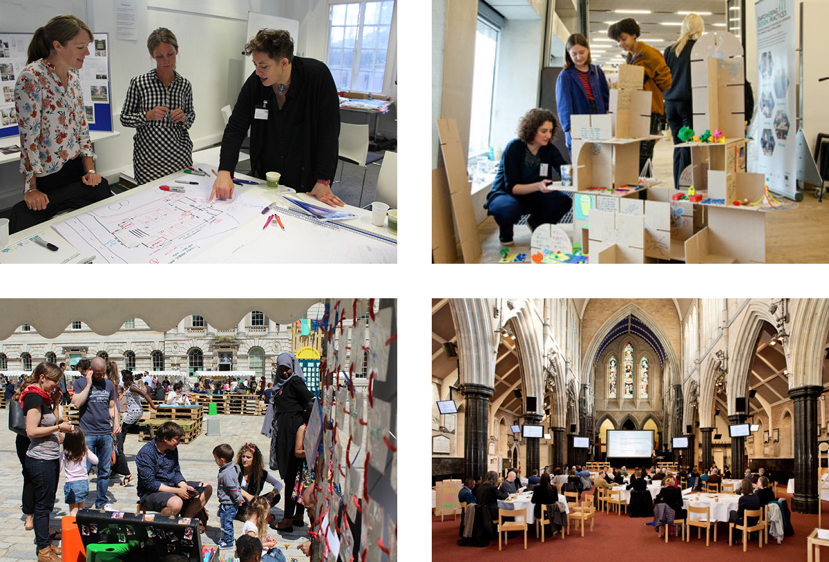 Our activities have seen us work in many different types of spaces. Here are just a few places where we hosted events in London through EDP. Clockwise from top left: Sophia and community participants during a Design Training session at UCL Bartlett; Katerina and participants in action at the Tate Exchange; the Utopia Fair at Somerset House; our EDP LIve conference at St Paul’s Church Hammersmith (image Jonny Bosworth).