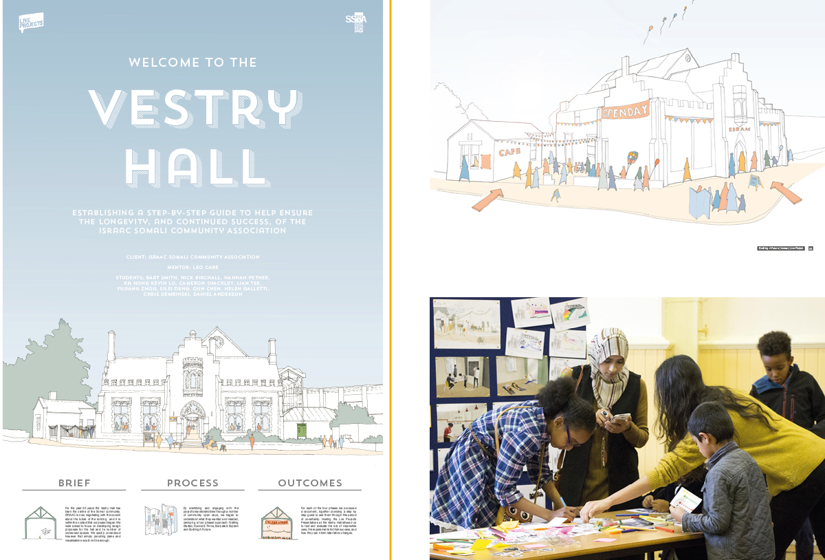 The poster, a sketch and image from the student project that brought together students from the Sheffield School of Architecture and the ISRAAC Somali Community Association. Images courtesy of Live Works