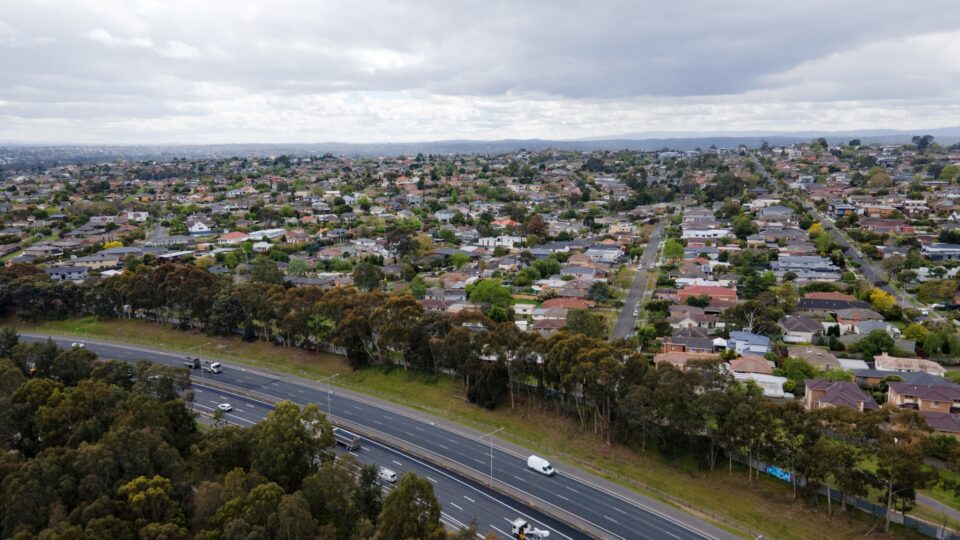 Low-density housing on the outskirts of Melbourne typical of the vast urban sprawl across also cities and towns in Australia.