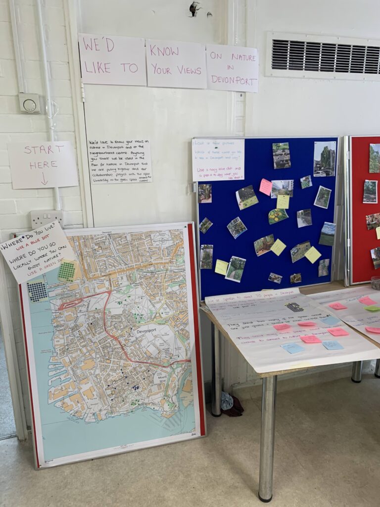 Map and other consultation materials used at Mount Wise Neighbourhood Centre to learn what people want to see in their area